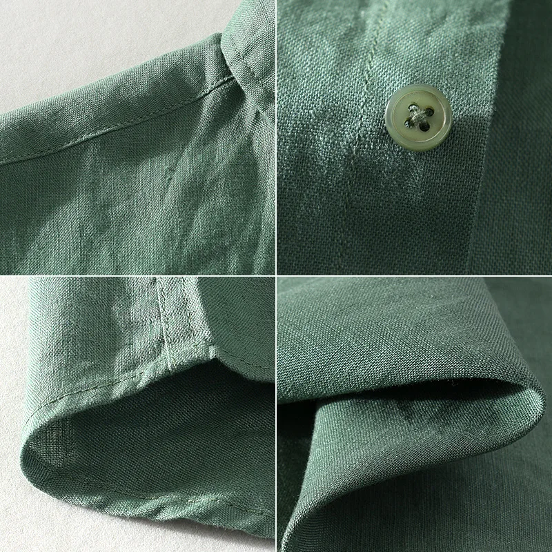 923 100% Linen Men's Summer Fashion Shirt High Quality Solid Color Simple Casual Short Sleeve Blouses Basic Thin Breathable Tops 4