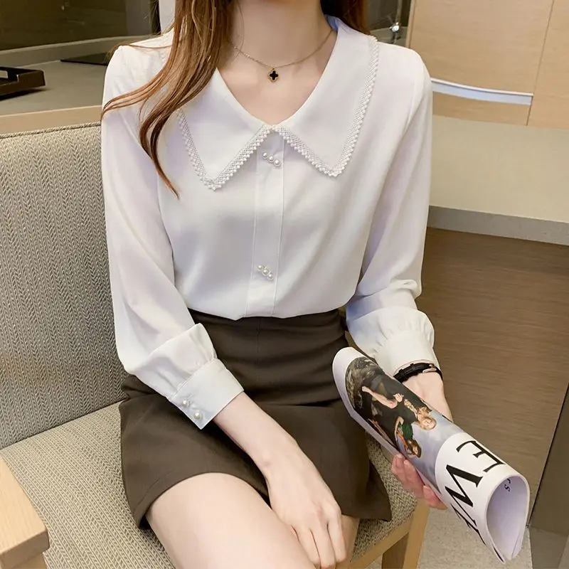 Spring Autumn New Chiffon Solid All-match Blouse Long Sleeve White Plus Size Elegant Shirt Tops Fashion Vintage Women Clothing