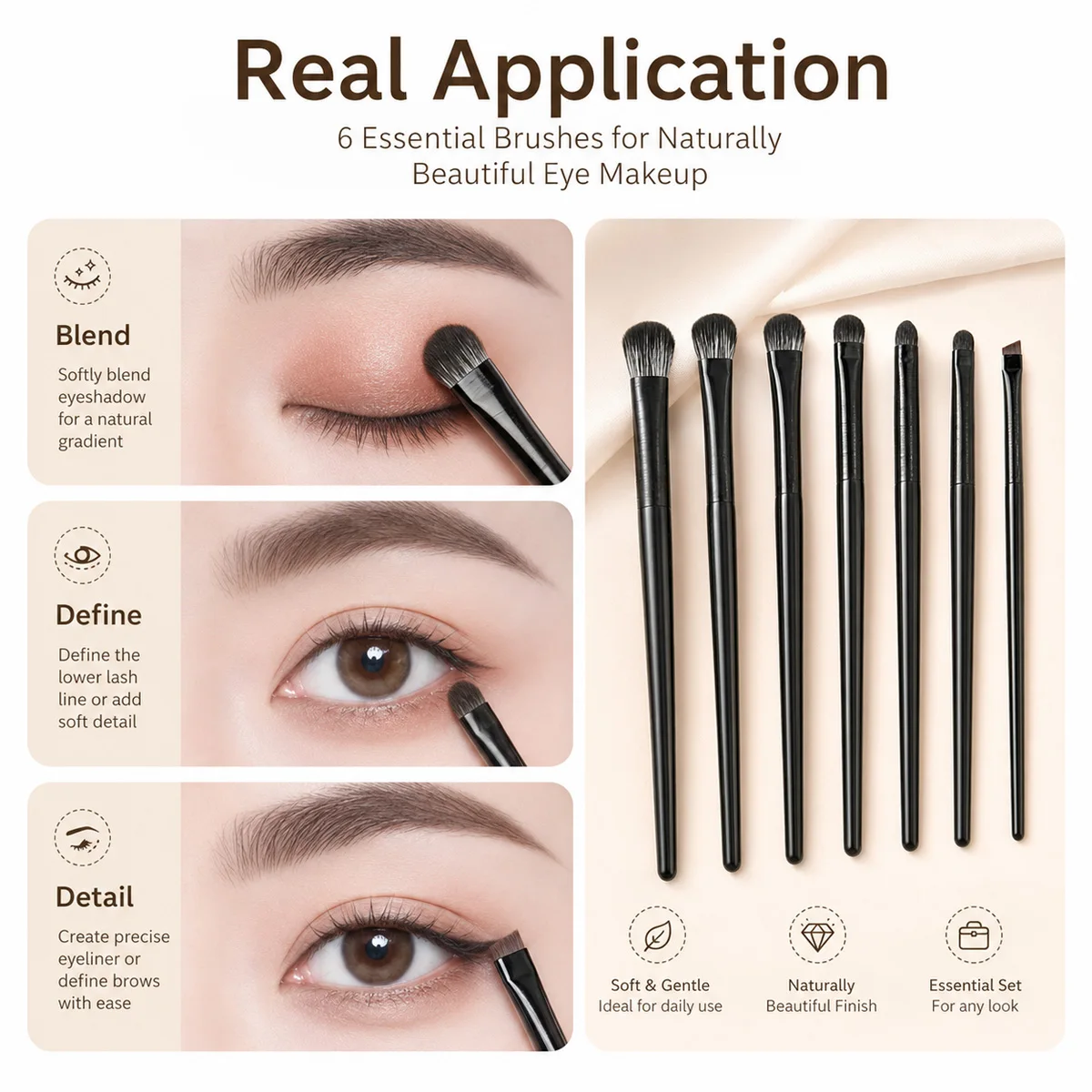 Set di 6 Pennelli per il Trucco degli Occhi: Pennello Professionale Morbido per Ombretto e Contouring, Pennelli Piccoli per il Trucco Dettagliato degli Occhi, Pennello per il Viso - immagine 3