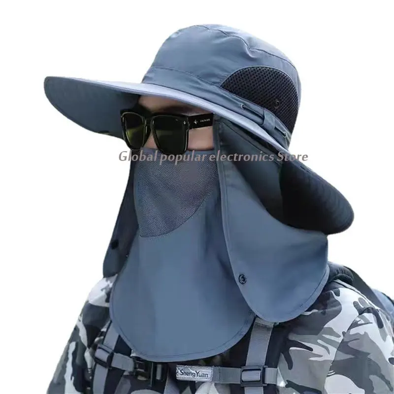 

Fishing hat Sun UPF50+ shading large eaves mountain climbing mask mesh breathable outdoor UV protection detachable full face