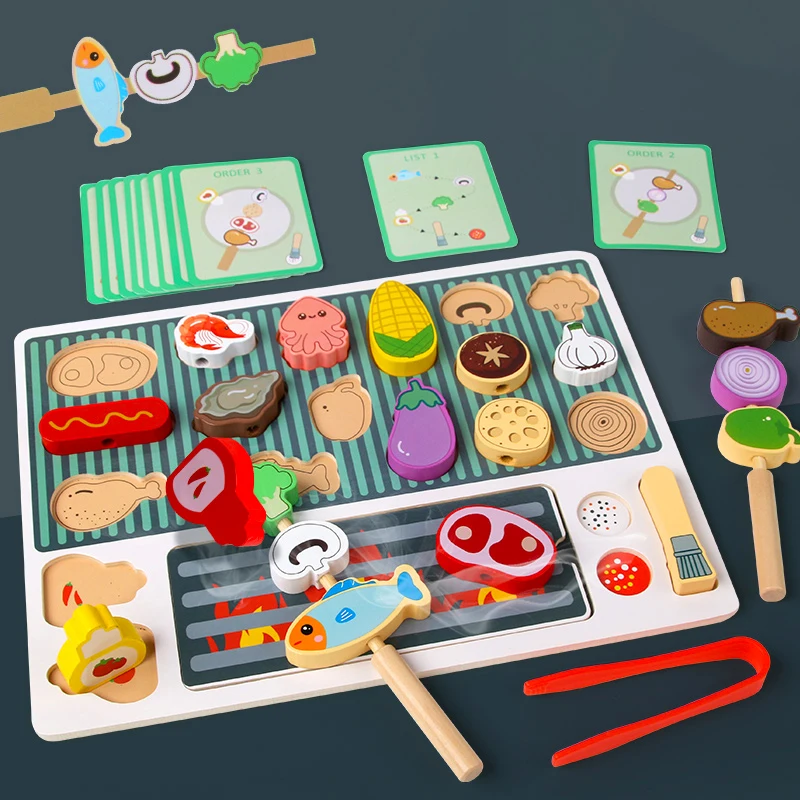 Montessori Wooden Pretend Play Kitchen Toys Dessert Puzzle Toys Simulation Barbecue Pretend Role Indoor Game For Toddlers Age 3+ kitchen toys pretend kitchen toys pretend food toys