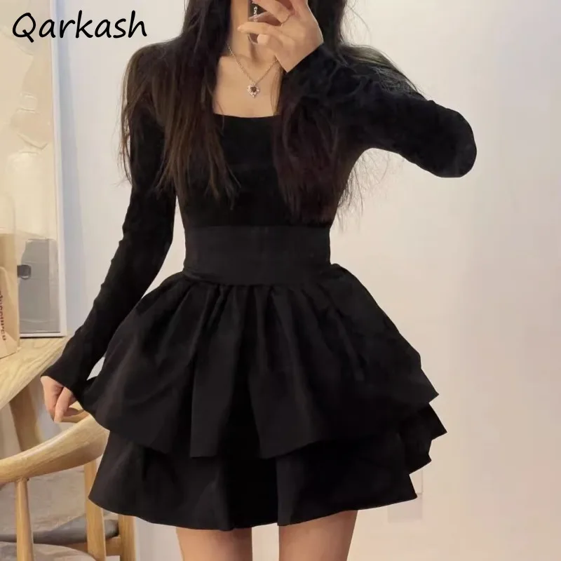 

Long Sleeve Mini Black Dresses Women Bow Lace-up Flattering Waist Pleated Gothic Sexy All-match Square Collar Simple Leisure Ins
