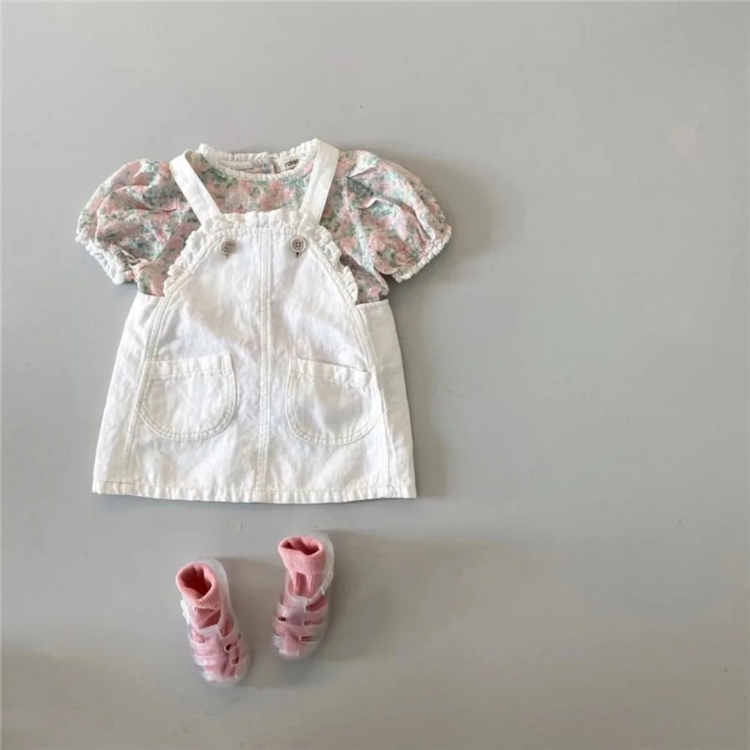

2655B Girl Clothes Korean 2022 Summer Children's Girls Denim Bib Skirt Floral Short Sleeve Shirt Sweet Girl Clothes