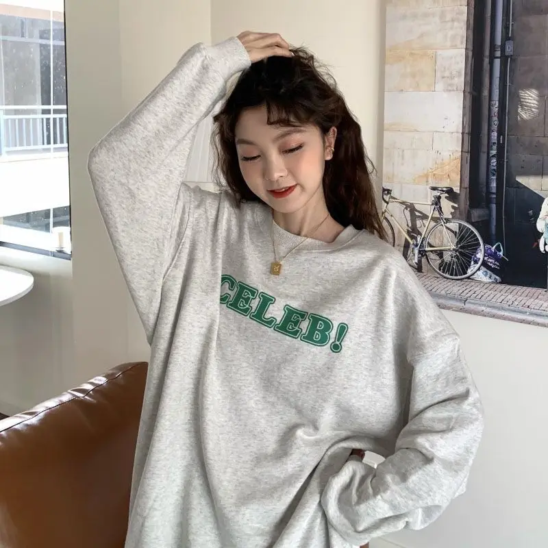 

Women's CHIC Grey Hoodie Fleece Thicken Sweatshirt Long Sleeve Fashion Letter Printing Baggy Female Tops Pullover Hoodie Autumn