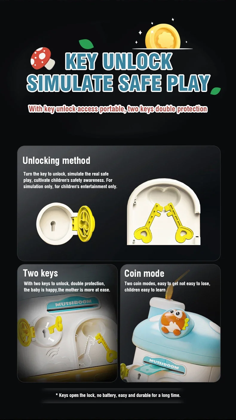 Mushroom House Money Box Piggy Bank Portable Key Lock Cash Box Students Creative Safe Savings Jar for Kids Adults Christmas Gift