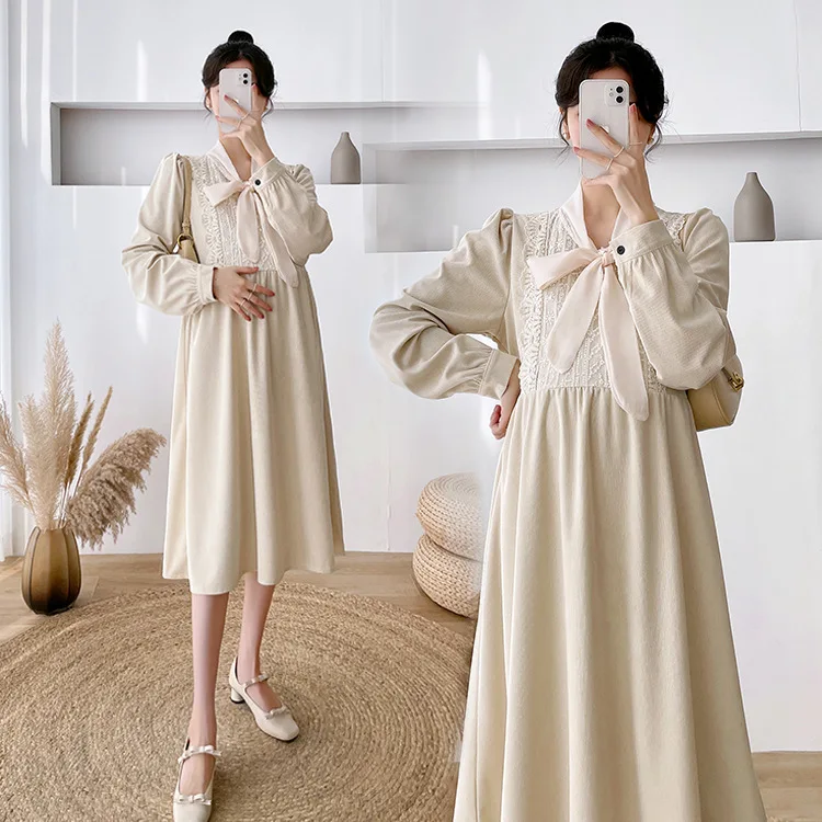 

2022 Solid Beige Pregnancy Clothes Spring New Maternity Dress Lace Tie Long Skirt Fashion All-match Dresses for Photo Shoot New