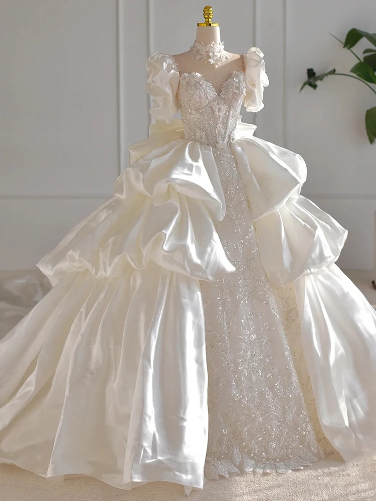

French Wedding Dress Bride Main Yarn Satin Luxury Trailing Wedding Dress