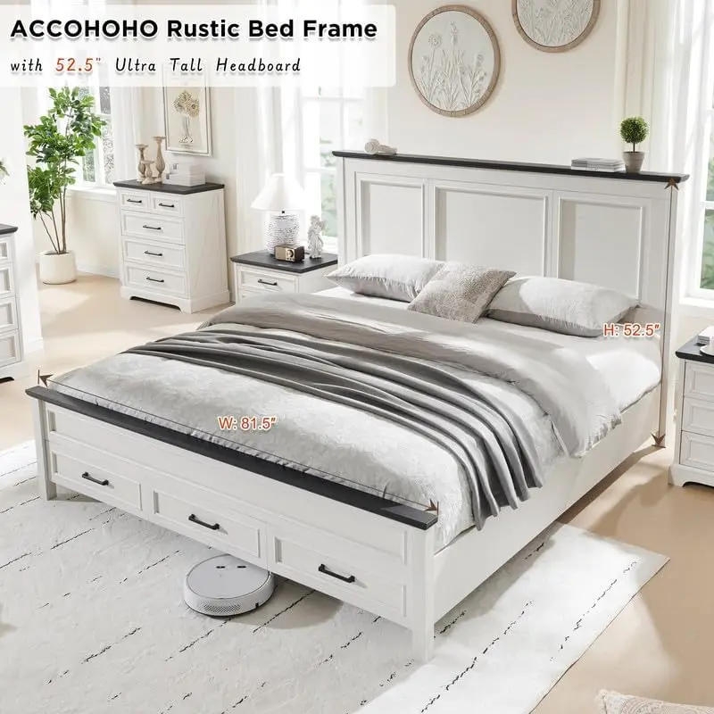 Farmhouse King Size Bed Frame with 52" Tall Full-Panel Headboard, No Squeak, No Box Spring Needed, Antique White 4