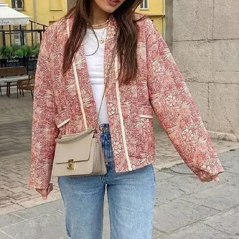 BOHO Light Pink Flower Print Lapel Quilted Coat Ethnic Women Line Quilting Full Sleeve Loose Jacket Autumn Winter Thin Outerwear