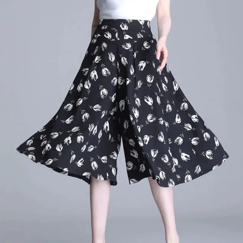 

Wide Leg Chiffon Floral Print High Waist Culotte Pantalones Summer Women Elegant Mom Skirt Pants Baggy Casual Trouser LJ417