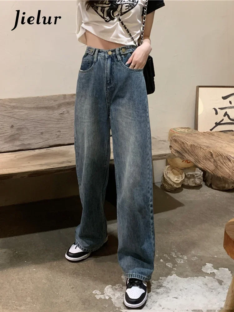 

Jielur Summer New Korean Vintage Women's Jeans High Waist Slim Light Fashion Jeans Woman Blue Slim Street Chicly Jeans Female