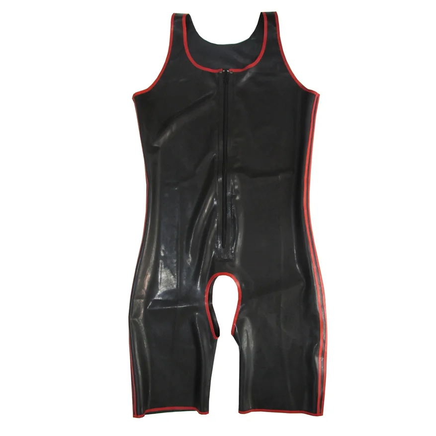 

Sexy Sleeveless Latex Mens Catsuit with Front Zip Crotch Opened Rubber Bodysuit Handmade Jumpsuit S-LCM058