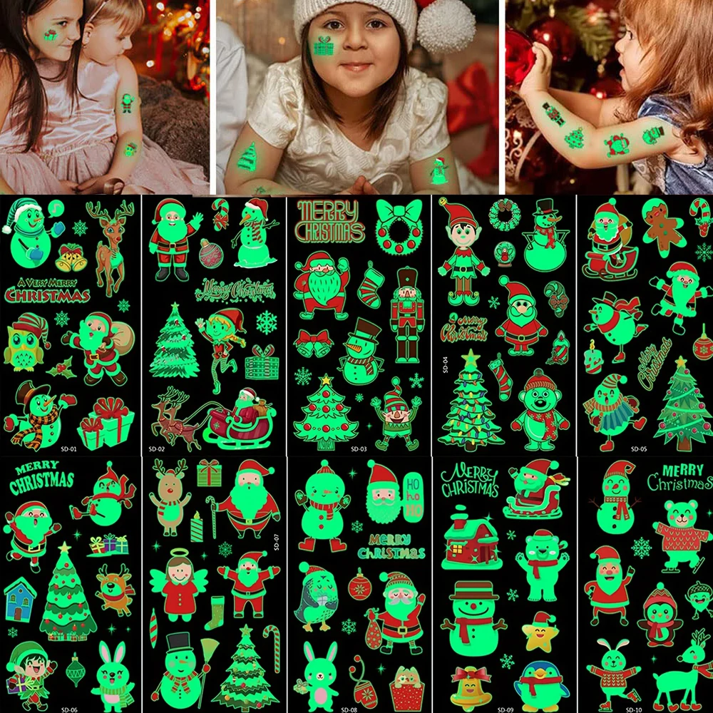 10 Sheets Christmas Temporary Tattoos Mixed Style Tattoo Sticker Waterproof Luminous Tattoo Stickers for Party Decor Supplies