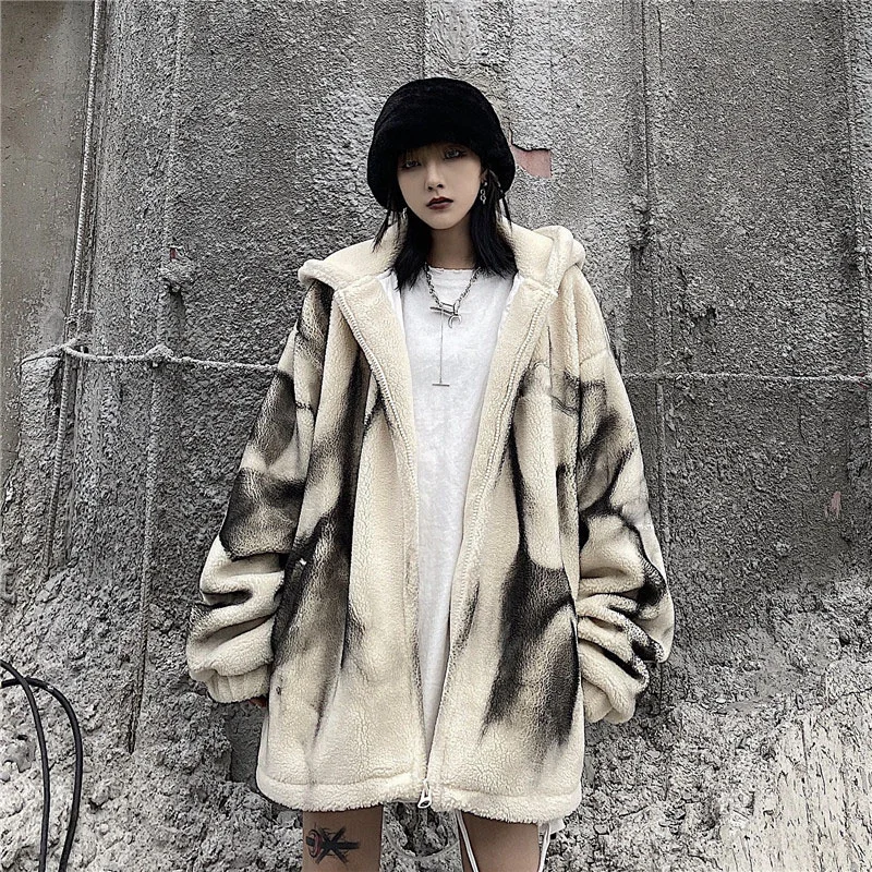 

Hip Hop High Street Lamb Fleece Cotton Coat 2023 Winter New Thickened Tie Dyed Men's and Women's Cotton Coat Loose Tide Commuter