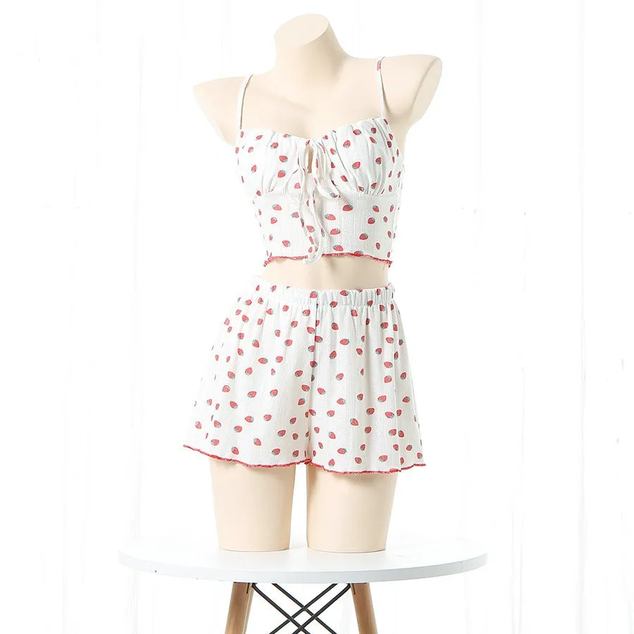 

Летние Клубничные пижамные комплекты, милый бандажный тонкий пикантный жилет на бретельках, костюм из 2 предметов, одежда для сна, домашняя Повседневная простая модная мягкая для студентов