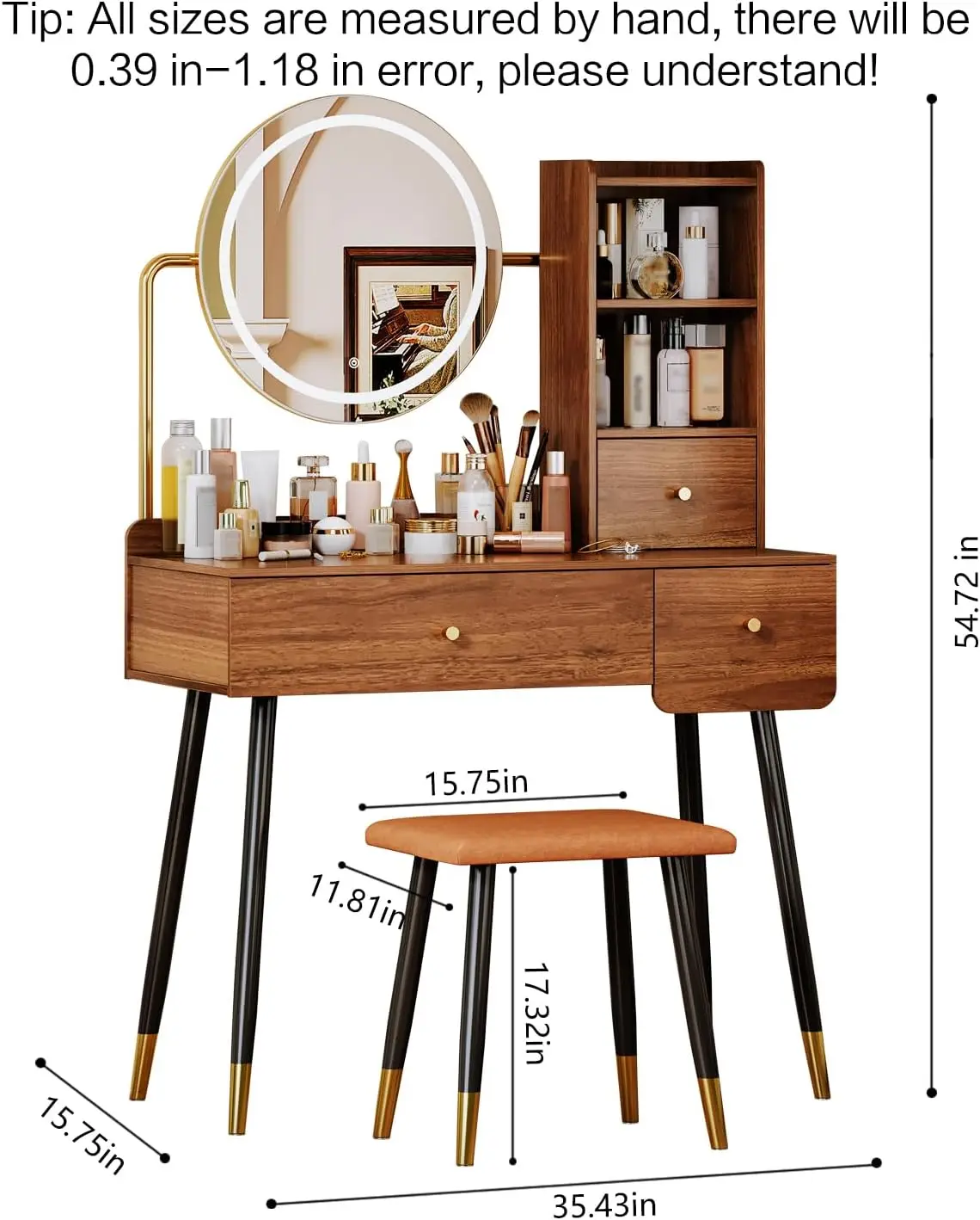 Vanity 35" W, Vanity Desk with Round Mirror and Lights, Brown Makeup Table with Chair, Open Compartment
