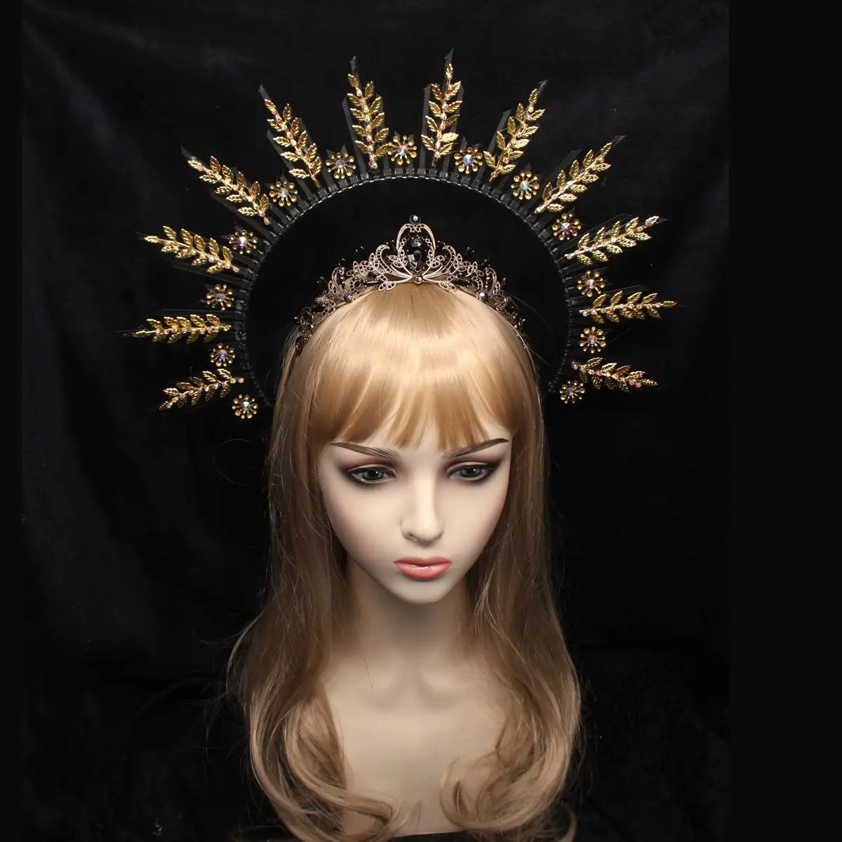 Retro Baroque Halo Crown Black Feather Virgin Mary Tiara