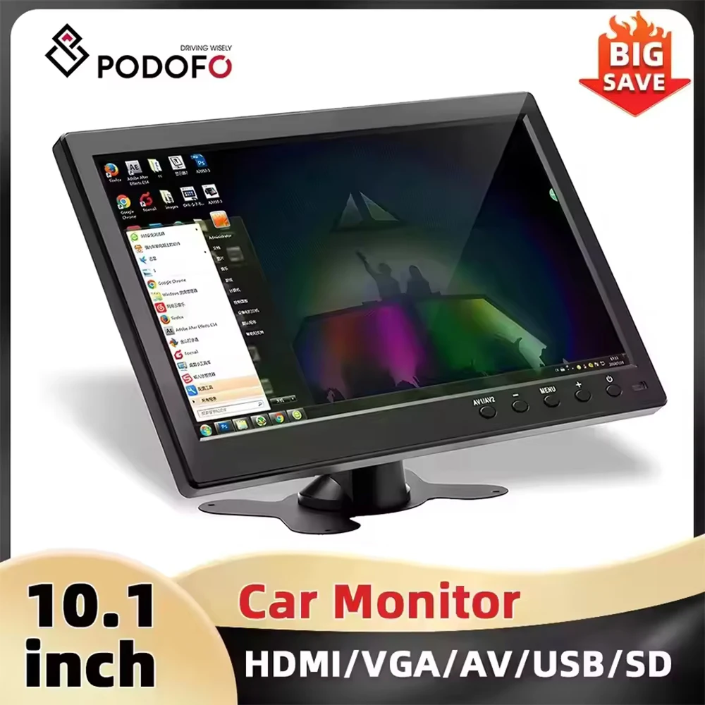 Monitor de Seguridad Podofo con Pantalla TFT LCD HD de 10.1'', Entrada de Video HDMI/VGA/AV/USB/SD, Reproductor de PC/TV/DVD, Monitor para Auto 1