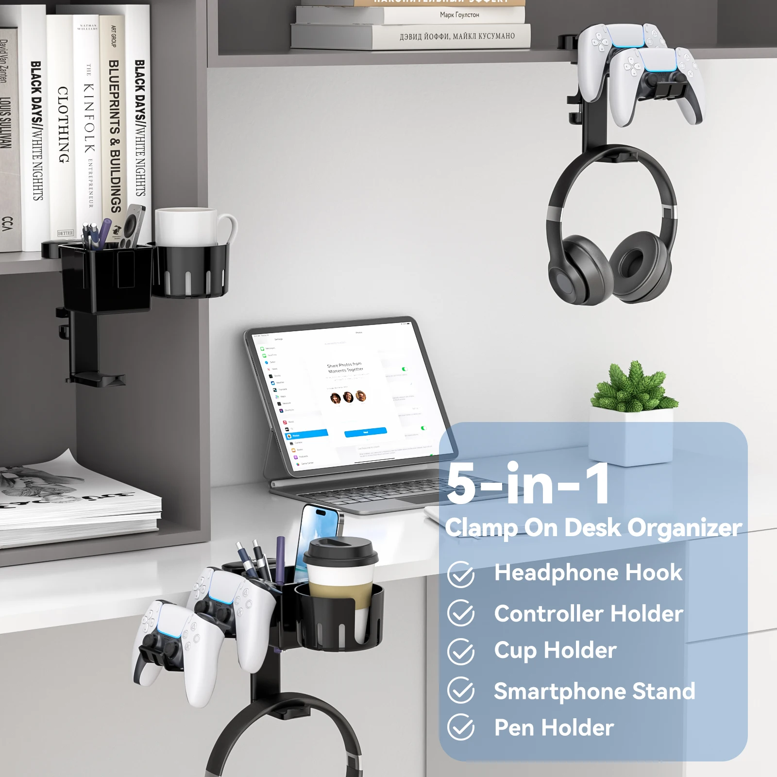 Desk Controller Holder in Rotating Headphone Hanger with Cup