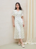 DUSHU 2025 Summer Women’s Polka Dot Waist-Defining Dress – Romantic Flowy Skirt with Sweetheart Neckline for Feminine Elegance