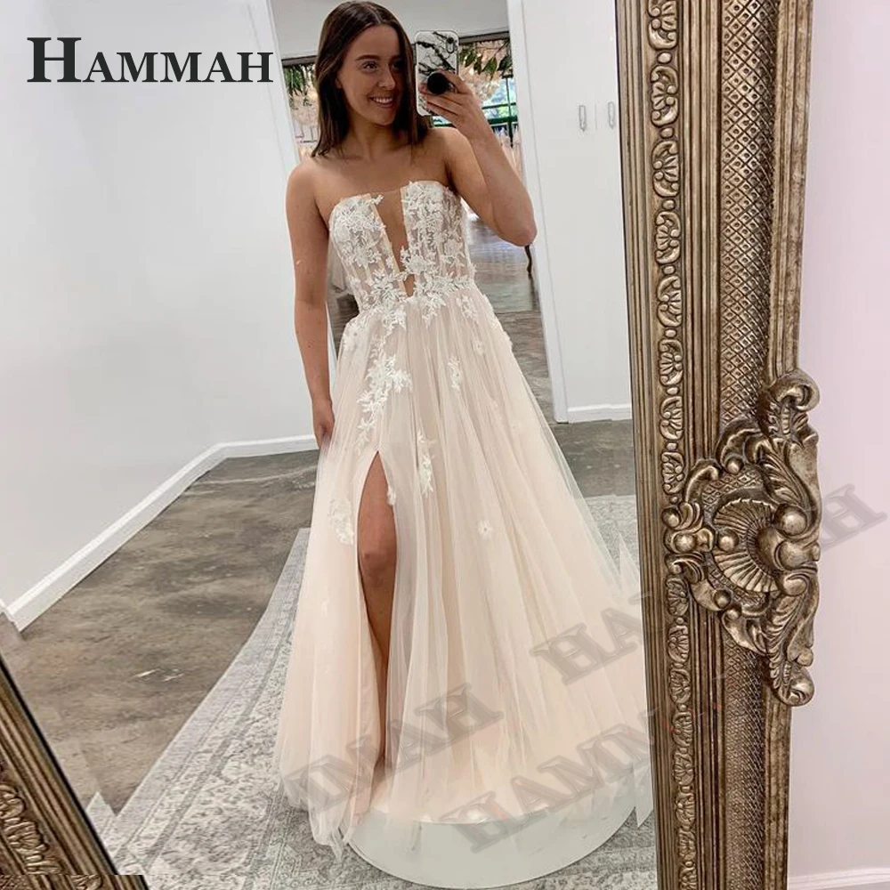 

HAMMAH Simples A Line Wedding Dresses 2023 Bride Tulle Slit V Neck Court Train Sleeveless Pleats Vestidos De Novia Made To Order