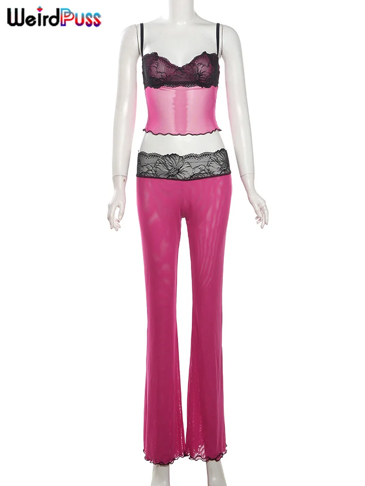 Weird Puss Patchwork Lace 2piece Sets Woman Summer Sexy Fungus Trim Spaghetti-Strap Tops+Chic Tierred Pants Party Skinny Outfits 6