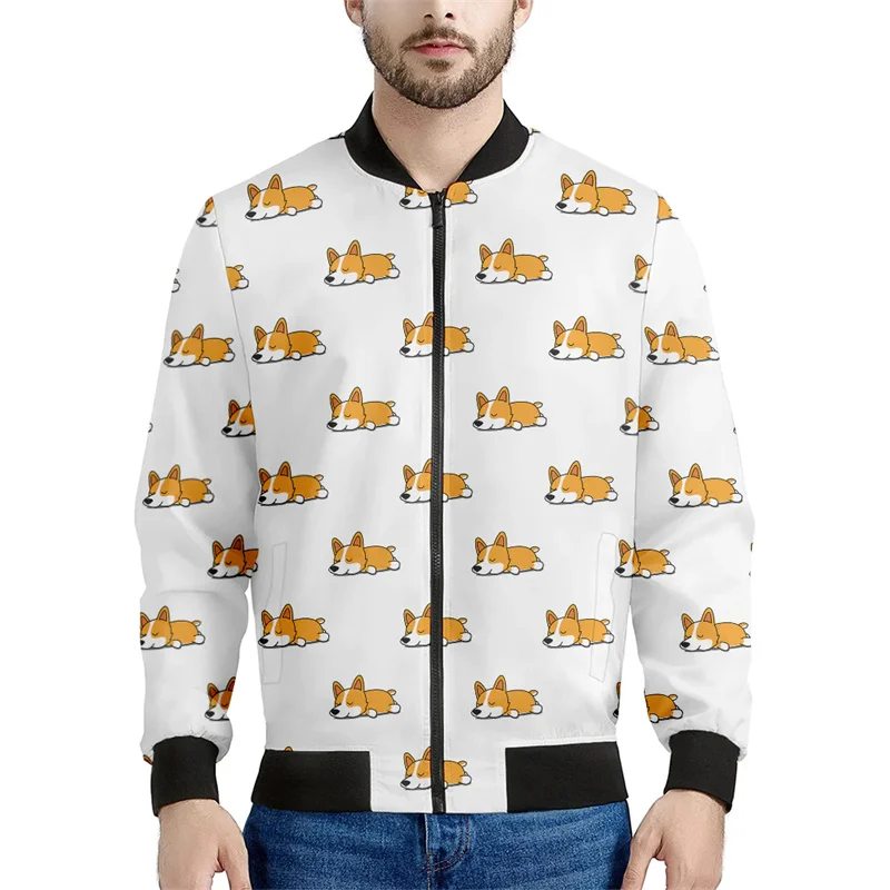 Chaquetas con cremallera y estampado 3D de Corgi de dibujos animados para hombres y niños, sudadera con estampado de mascotas y perros, chaqueta bomber informal de calle, abrigo de manga larga