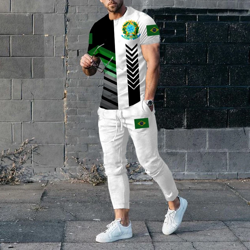 2023 Summer Brazil Men Sports Suit Fashion Short Sleeve Pants 2-Piece Jogging Street Suit Oversized T-shirt Leisure Sports Suit