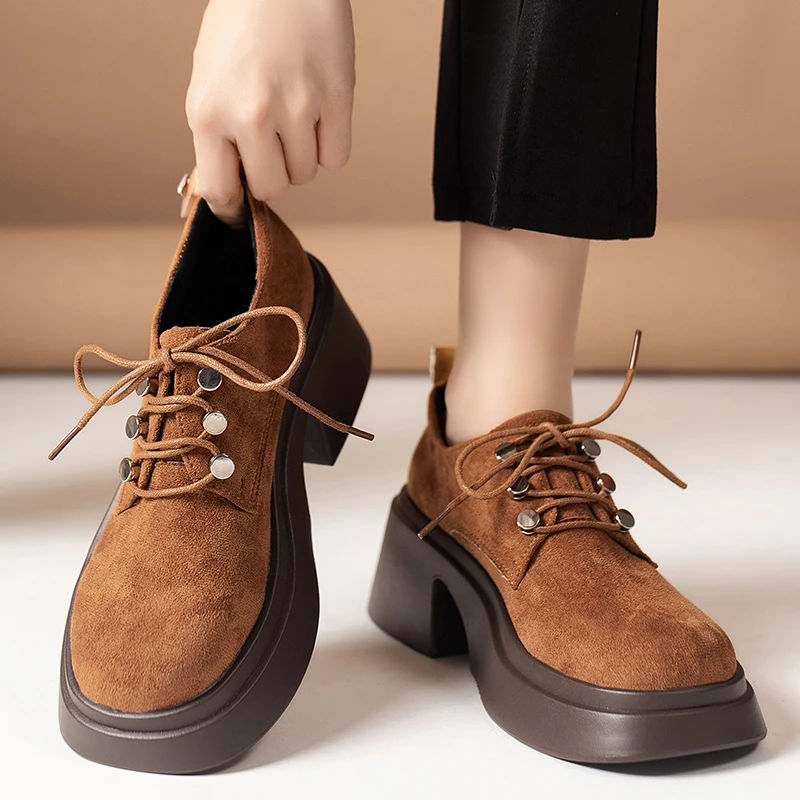 Aphixta 7.5cm High Heel Classic Women Casual Shoes Lace Up Women Footwear Brown Loafers Platform Shoes Woman Students Size 42