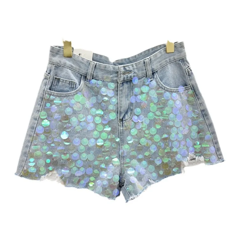 Summer New High Waist A- Line Wide Leg Shorts Women Fashion Sequined Tassel Ripped Slimming Denim Shorts Sexy Girl Hot Pants