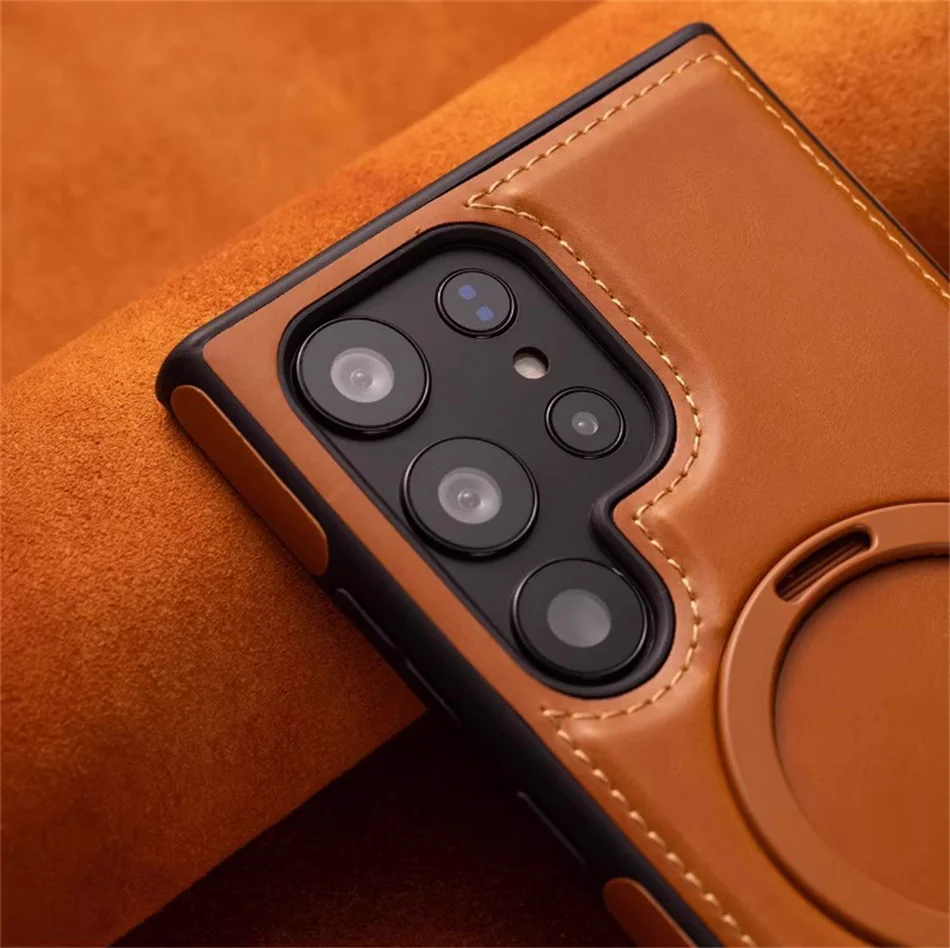 Magnetic Leather Phone Case with Ring Stand and Magsafe Wireless Charging Cover