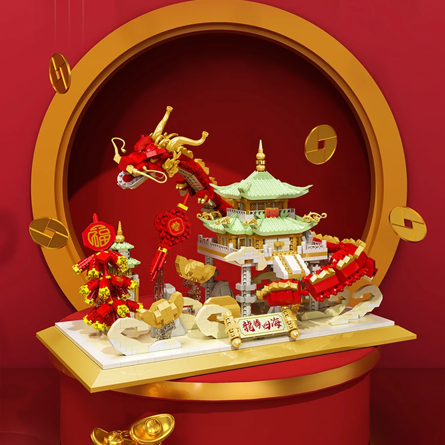 Chinese New Year Style Lion Dance Dragon Micro Particle Building Blocks Desktop Decoration Model Toy New Year Gift