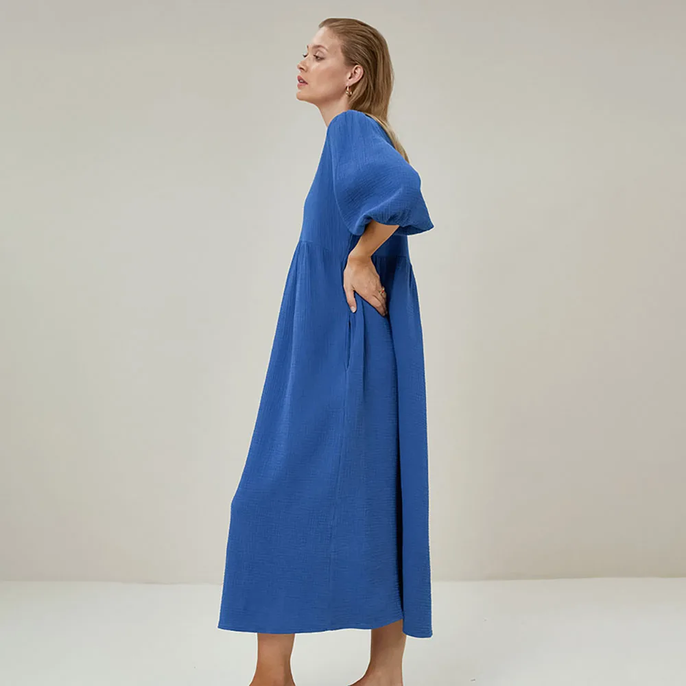 2024 Spring New Loose Casual Blue Cotton Long Nightdress For Women Three Quarter Sleeve V-Neck Solid Simple Lady Home Nightgown