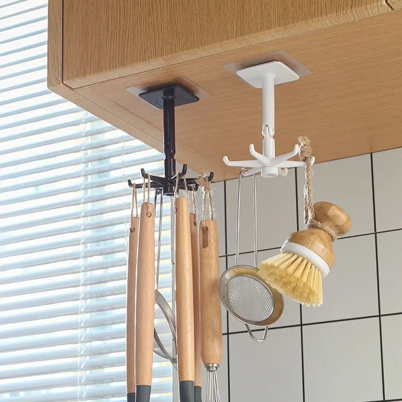 Kitchen Storage Rack 1pc Rotating Punch-free Wall-mounted 6 Hooks Pot Shovel Chopping Nail-free Adhesive