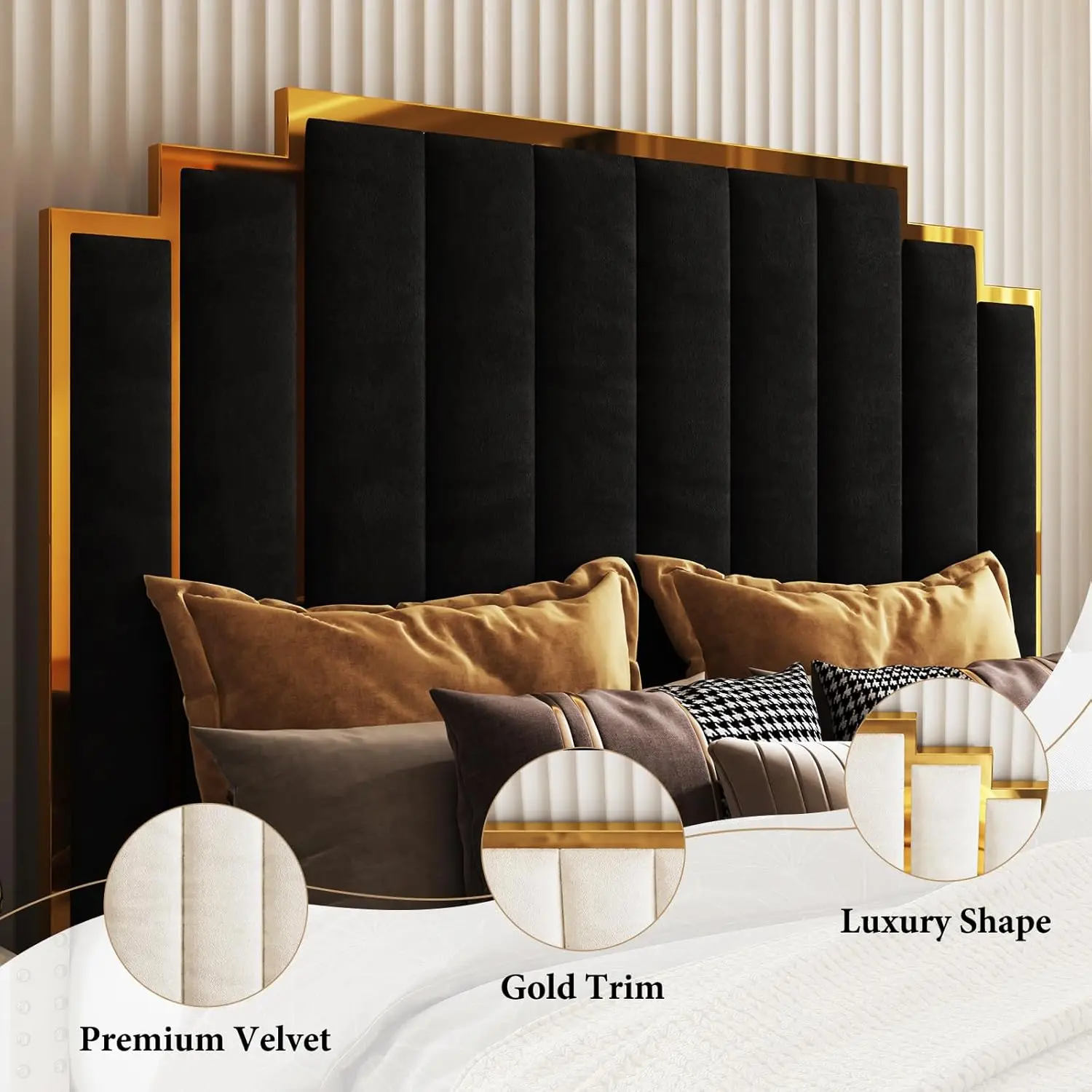 King Size Upholstered Bed, Velvet Beds Frame with 65.4” Tall Gold Trim Headboard, No Box Spring Needed, Bed Frame 4