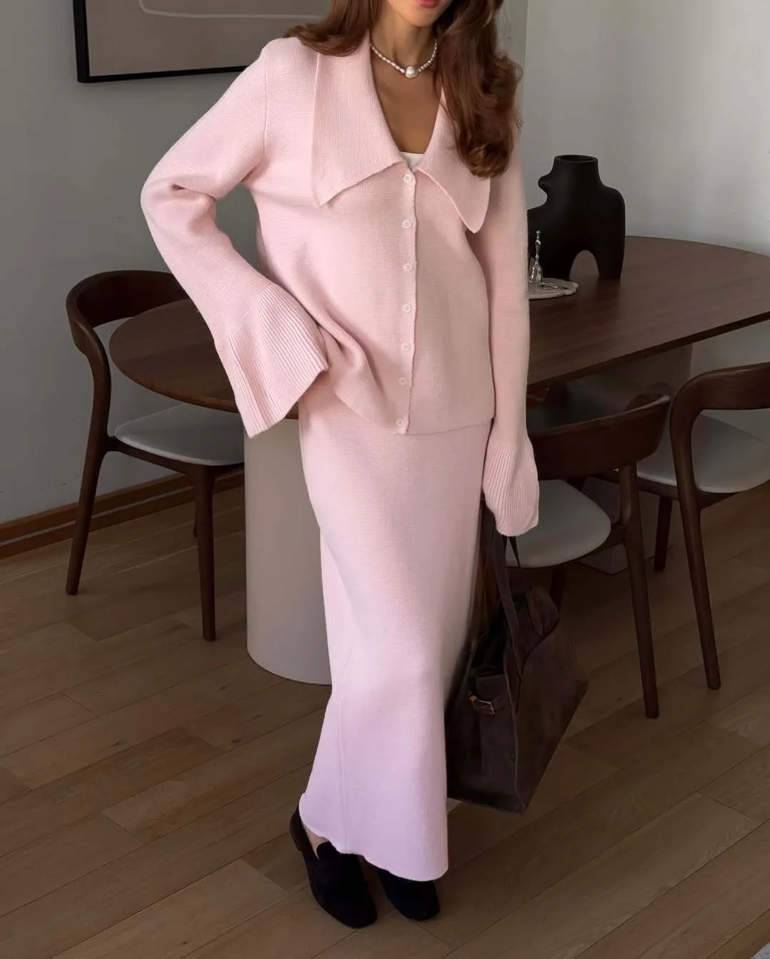 Hirsionsan Sexy Soft Elegant Vintage Women Suits 2 Pieces Female Sets Polo Neck Cardigan Sweater & Midi Dress Knitted TrackSuit Image 32