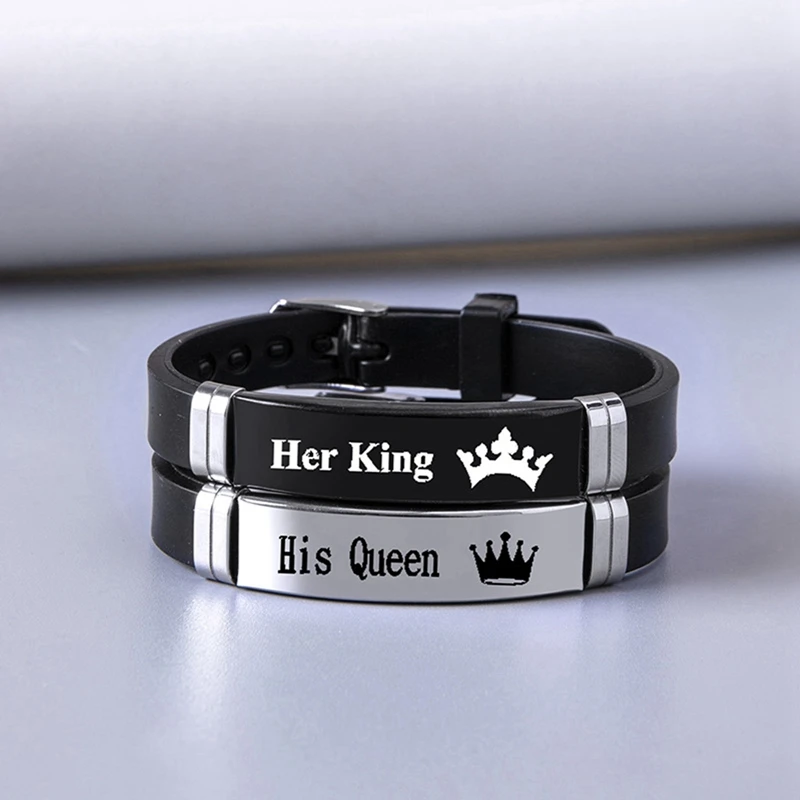 2 Pcs/Set Crown Her King His Queen Trendy Sport Silicone Couple Bracelet Bangle Unisex Lover Bracelets Gift silicone wristband
