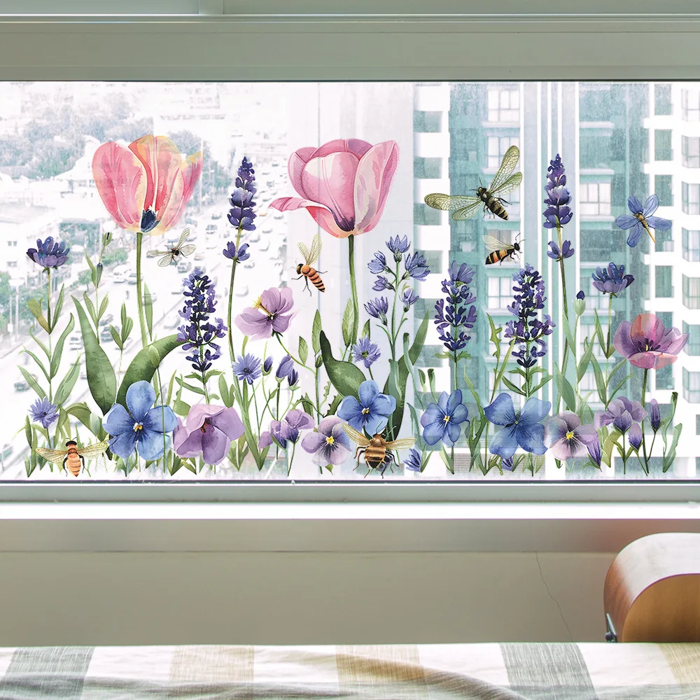 Window Stickers Spring Flowers Window Stickers Glass Static Sticker Bedroom Living Room Decor Art Decals Kids Girl's Room Decoration Mural