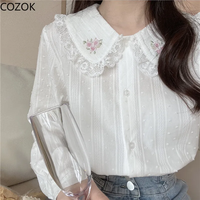 

Sweet White Lolita Shirts Women Rose Embroidery Lace Trim Peter Pan Collar Kawaii Clothes Girls Long Sleeve Cotton Blouses Tops