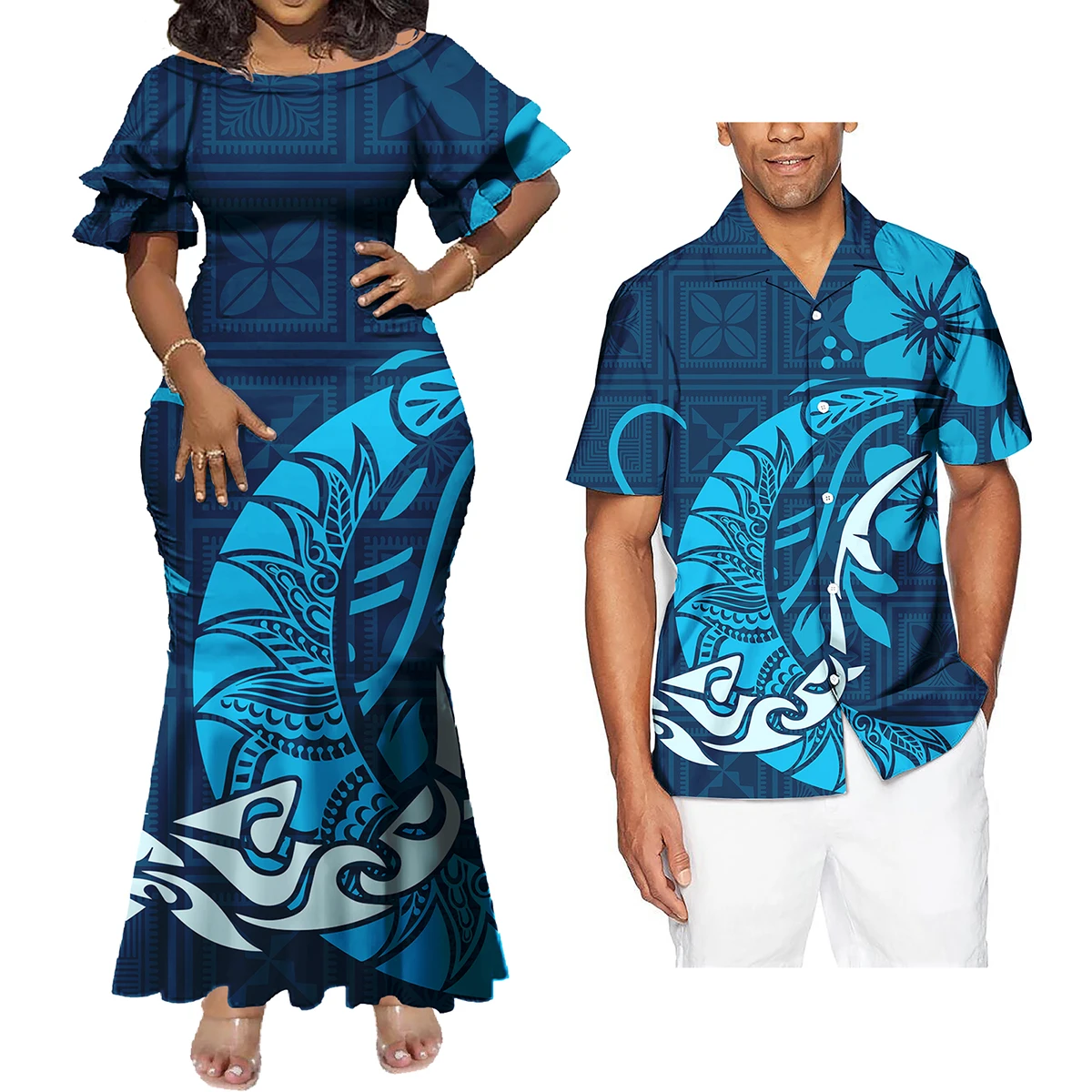 His And Her Hawaiian Matching Outfits Hawaii Matching Polynesian Tribal Blue Cool Shaka Sign Dress and Hawaiian Shirt LT13 main image 1