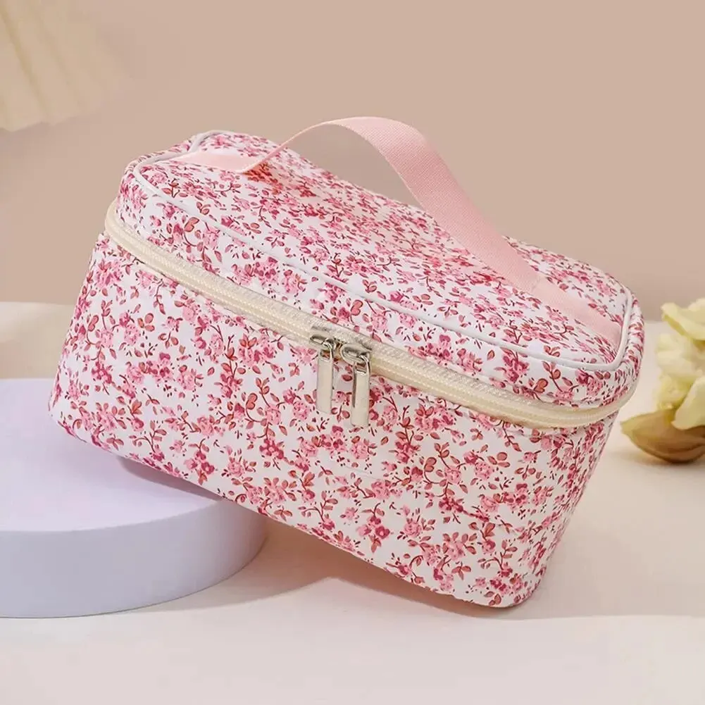 Floral Cotton Cosmetic Pouch - Dual Zipper Makeup Organizer & Portable Travel Wash Bag