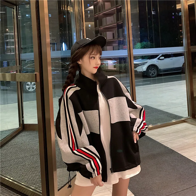 Zip Up Hoodie for Women Contrast Color Student Jackets Tops Raglan Sleeve Sweatshirt with Pocket Plus Velvet Hoodies Coats Loose