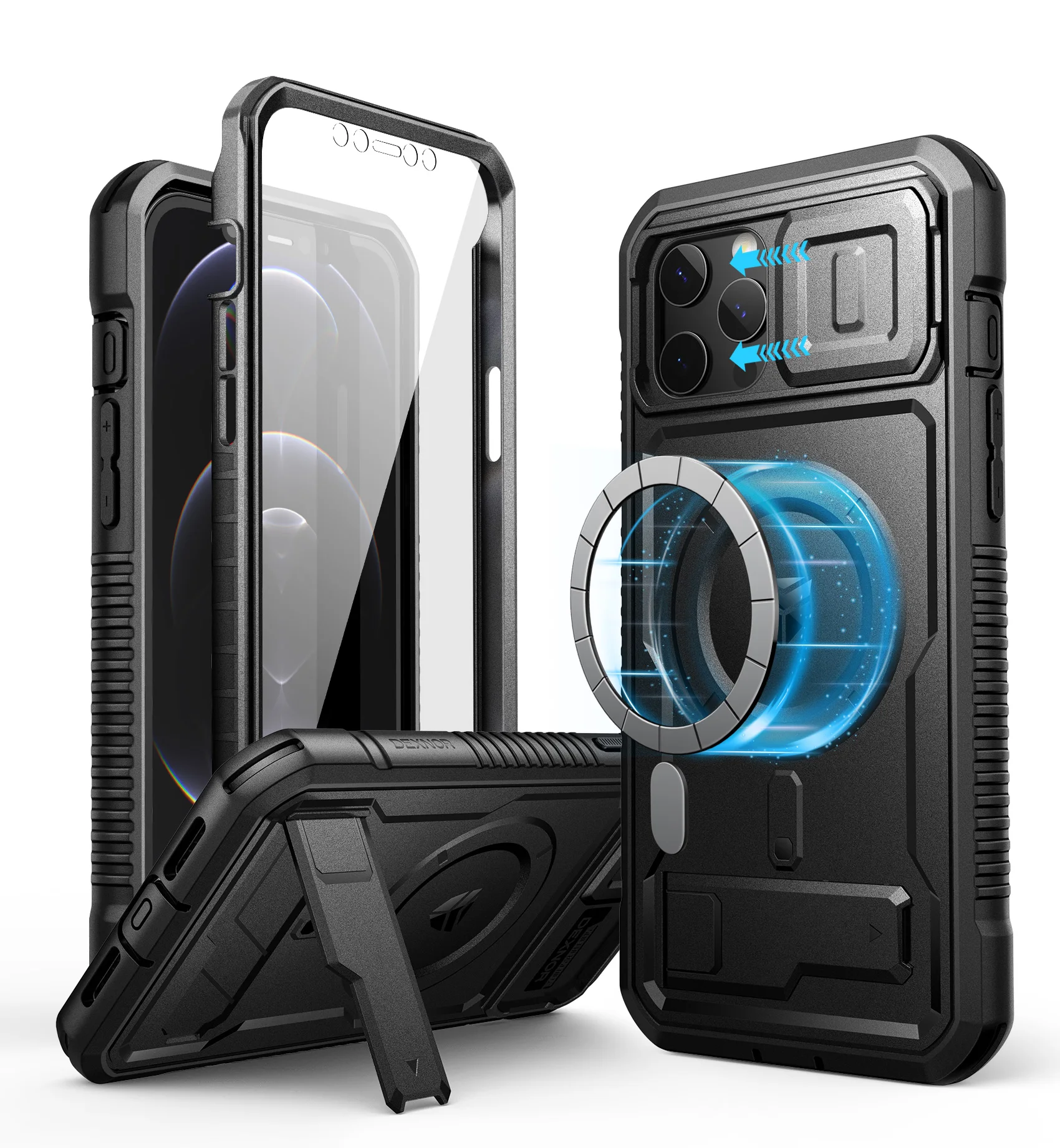 Rugged Armor Shockproof Case with Camera Cover, Built-in Screen Protector, and Kickstand