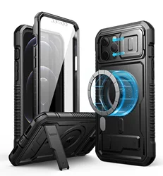 Rugged Armor Shockproof Case with Camera Cover, Built - in Screen Protector, and Kickstand (Black)