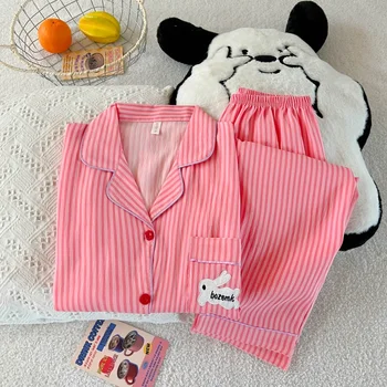 التطريز إلكتروني منامة مجموعة مخطط أرنب طباعة الخريف طويلة ملابس خاصة المنزل دعوى 2025 التلبيب الرقبة جديد 2 قطعة منامة المرأة 3