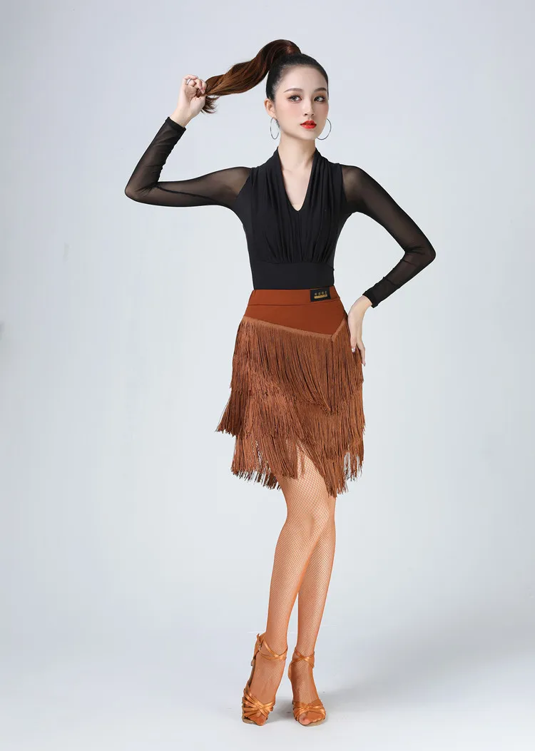 Frauen Latin Dance Quaste Kleid Fringe Rock Erwachsene Weibliche Tanz Wettbewerb Bühne Leistung Kostüme Sheer Mesh Top Kleidung – Detail 6