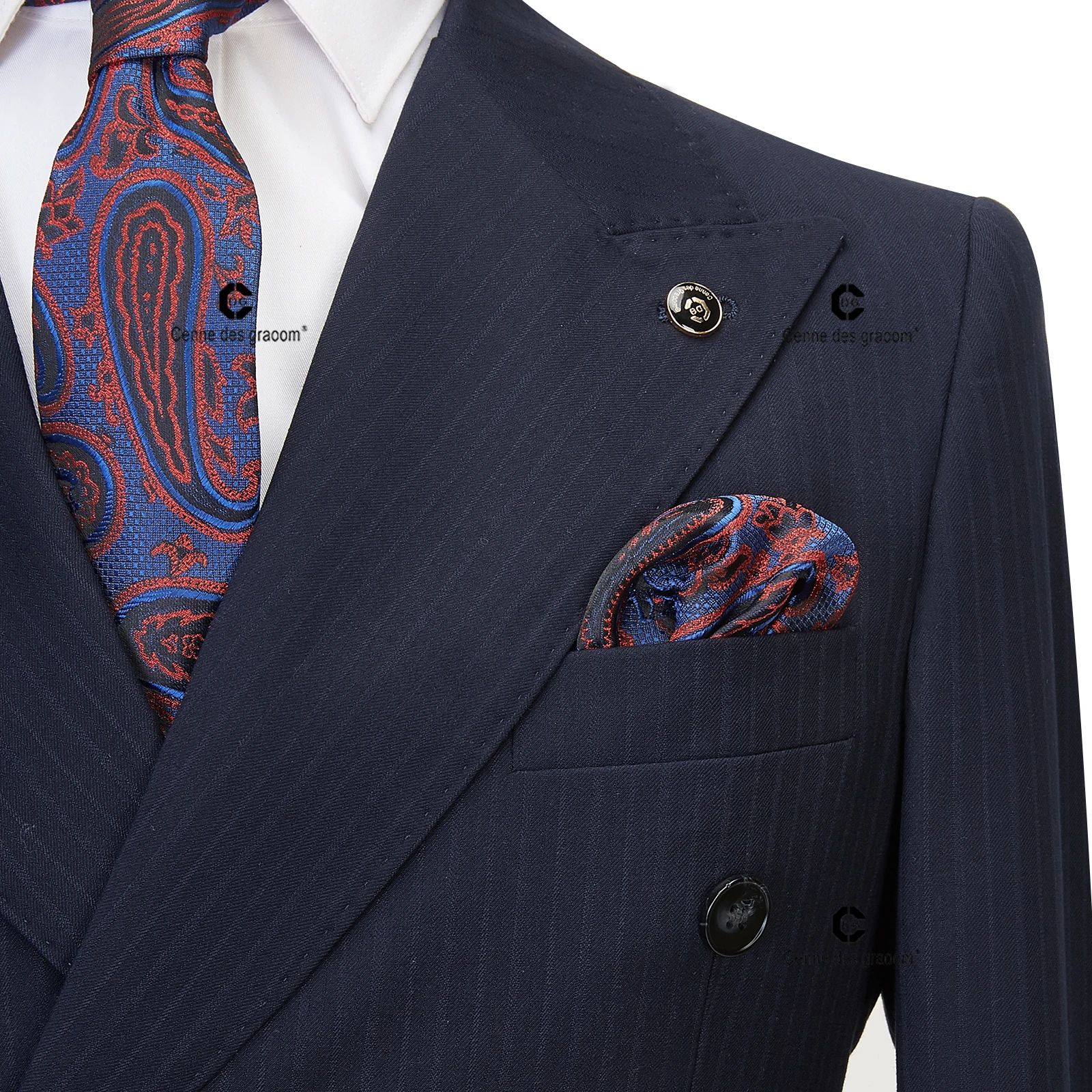 Cenne Des Graoom Double-Breasted Blue Black Stripe Men Suits Tailor-Made 2 Piece Set Jacket Pants Business Meeting Wedding