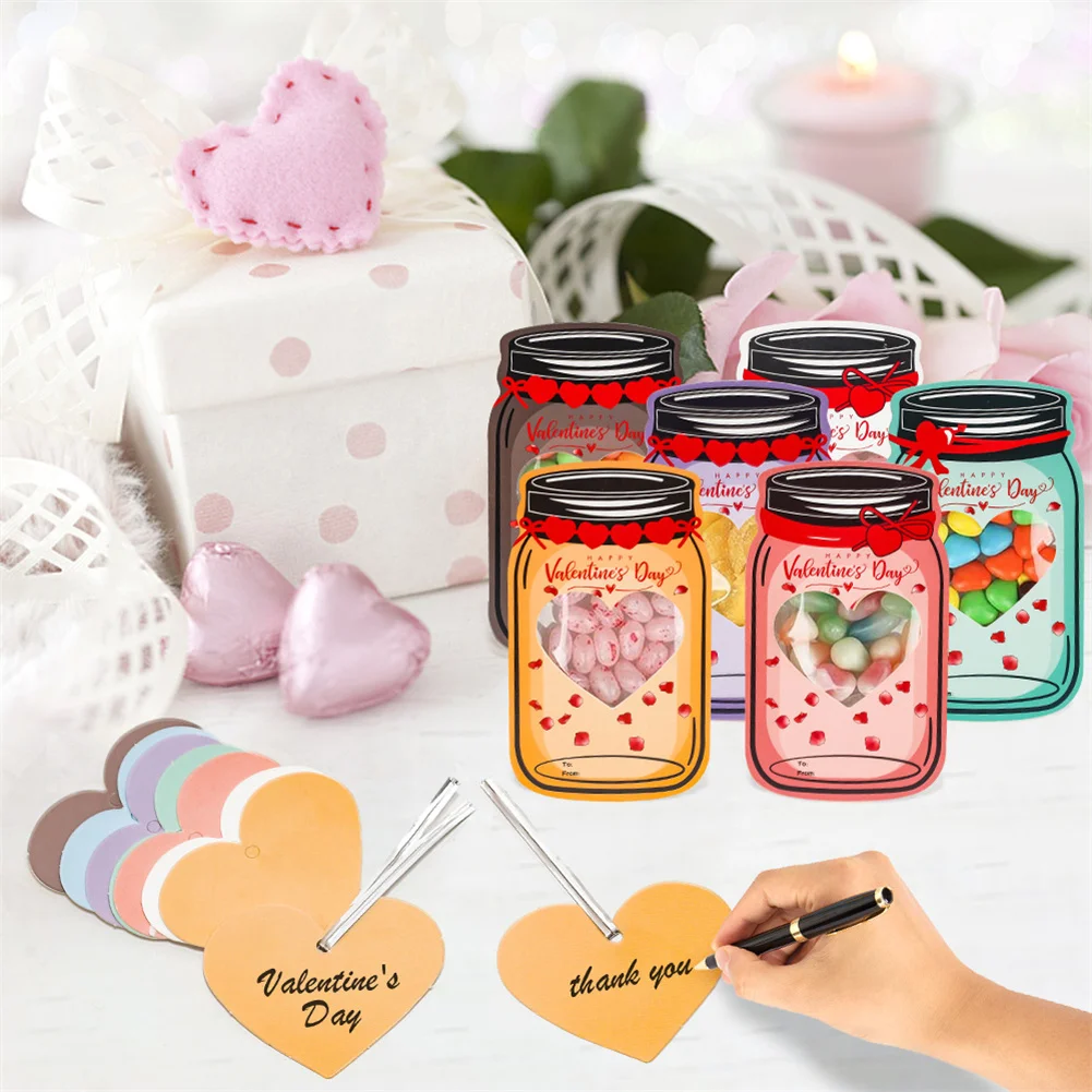 

48 Kraft Paper Candy Jar Valentine Cards Set, Colorful Jars Happy Valentines Cards Personalized Children's Valentine's CARDS