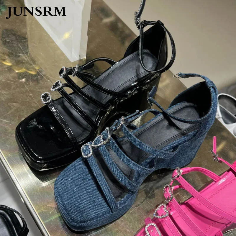 

2023 Summer Rhinestone Love High Heels Sexy Open Toe A Word Buckle Thick Heel Roman Sandals Female Fashion Platform Denim Shoes