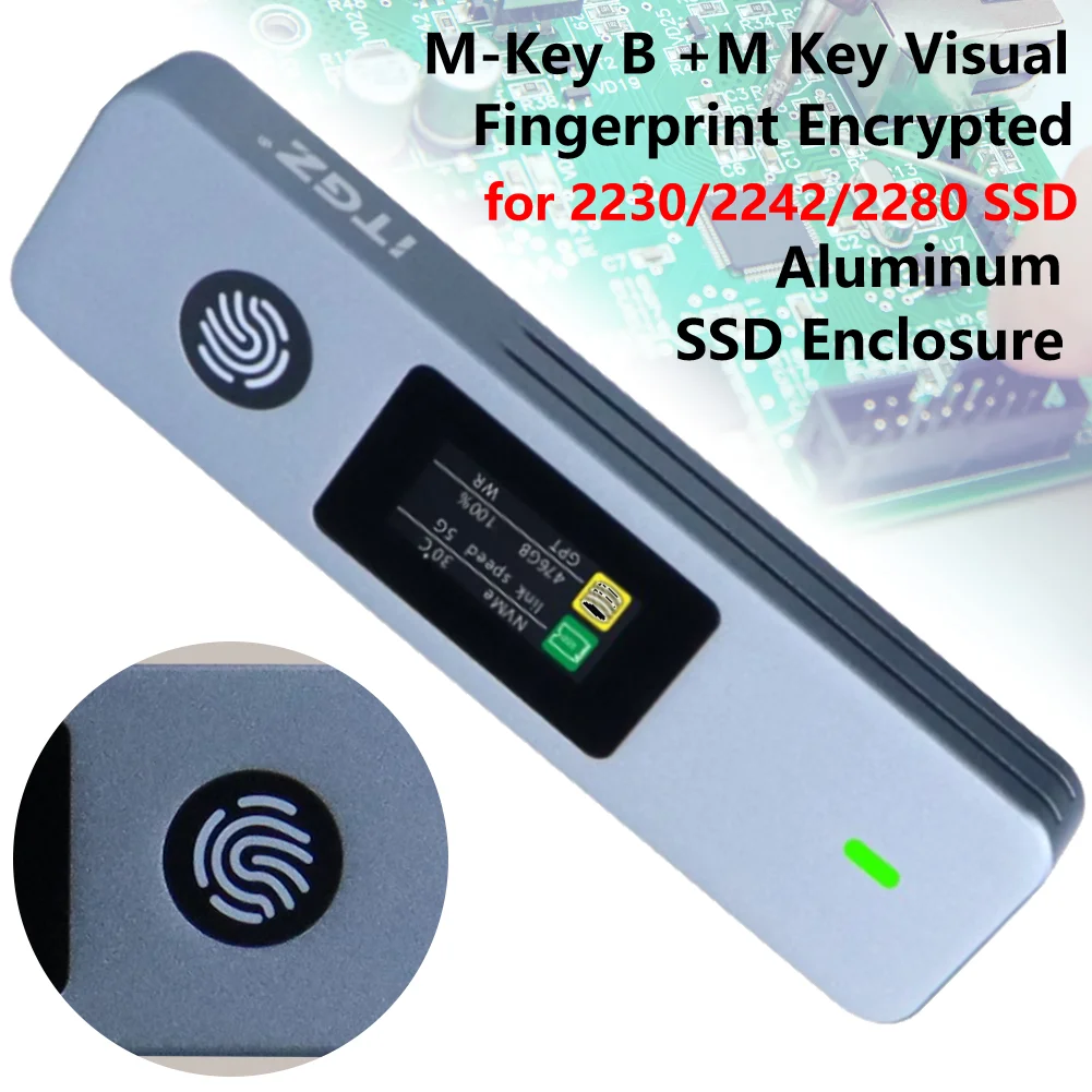 SSD Hard Drive Case M-Key B +M Key Portable SSD Case Visual Fingerprint Encrypted External Enclosure Box for 2230 2242 2280 SSD
